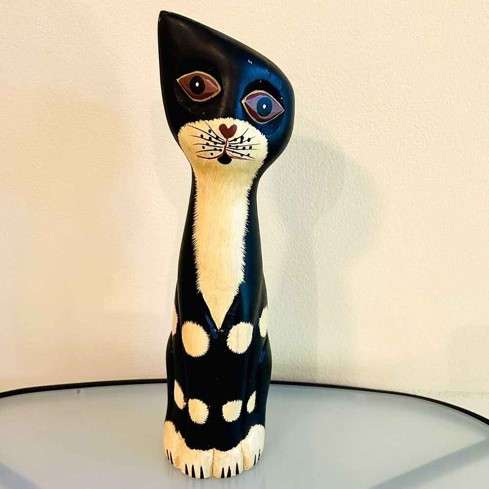 Folk Art Cat Figurine Hand Painted Carved Statue Whimsy Ally Kitty 12 Inch